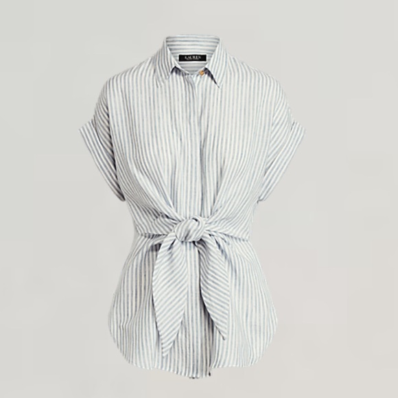 Ralph Lauren Black Label Linen Striped Tie-Front Button Down Collar Shirt Medium - Picture 2 of 15